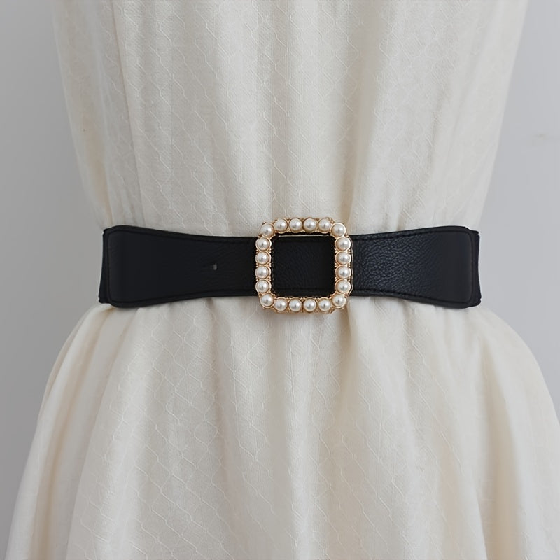 High Elasticity Ladies Square Buckle Pearl Belt With Dress