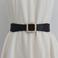 High Elasticity Ladies Square Buckle Pearl Belt With Dress