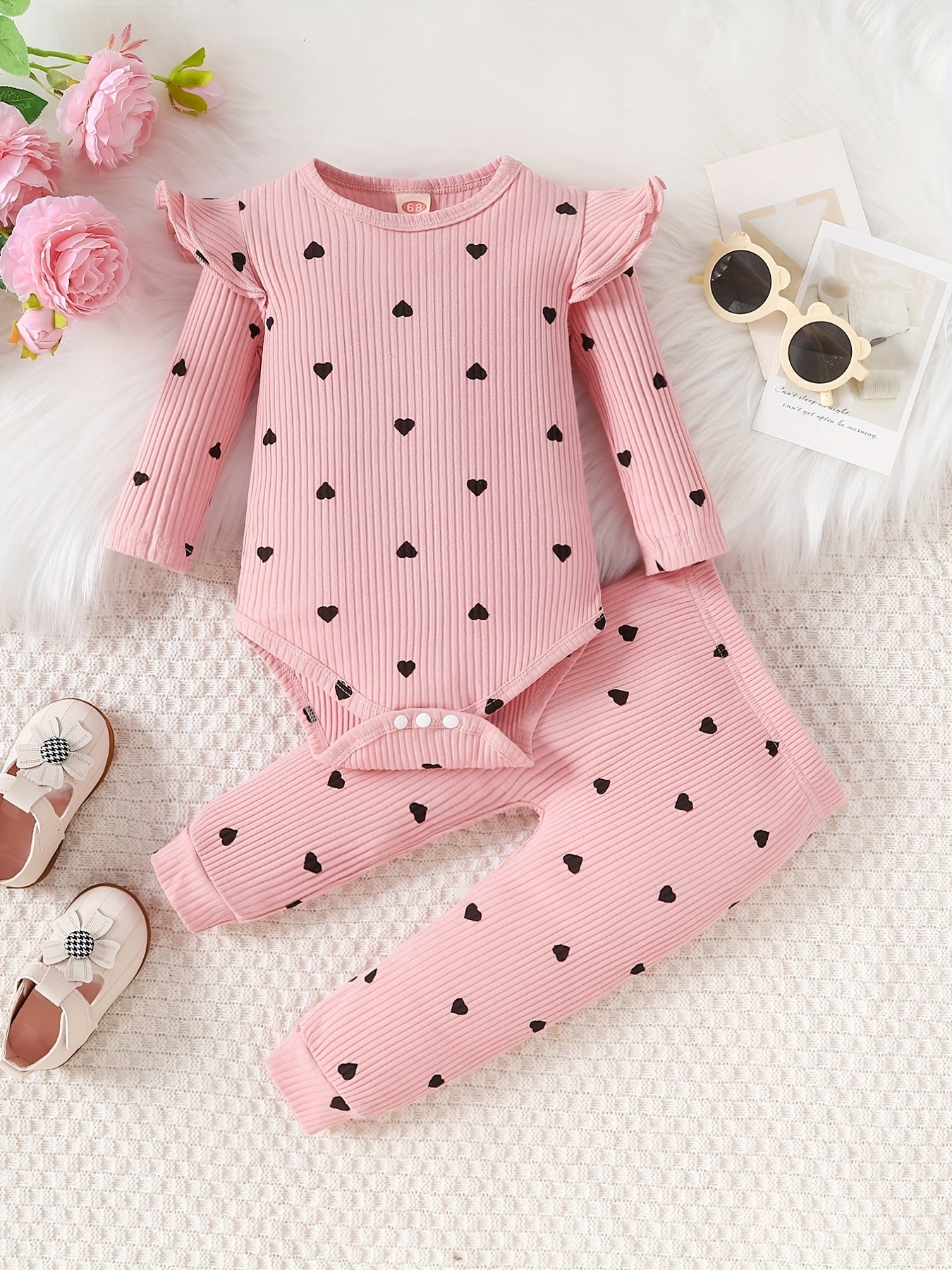 Newborn Infant Heart Print Ruffles Romper Long Sleeve Onesies & Pants Set