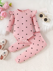 Newborn Infant Heart Print Ruffles Romper Long Sleeve Onesies & Pants Set