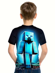 Pixel Man 3D Print Boy's Tee Short Sleeve Crew Neck T-shirt for Kids