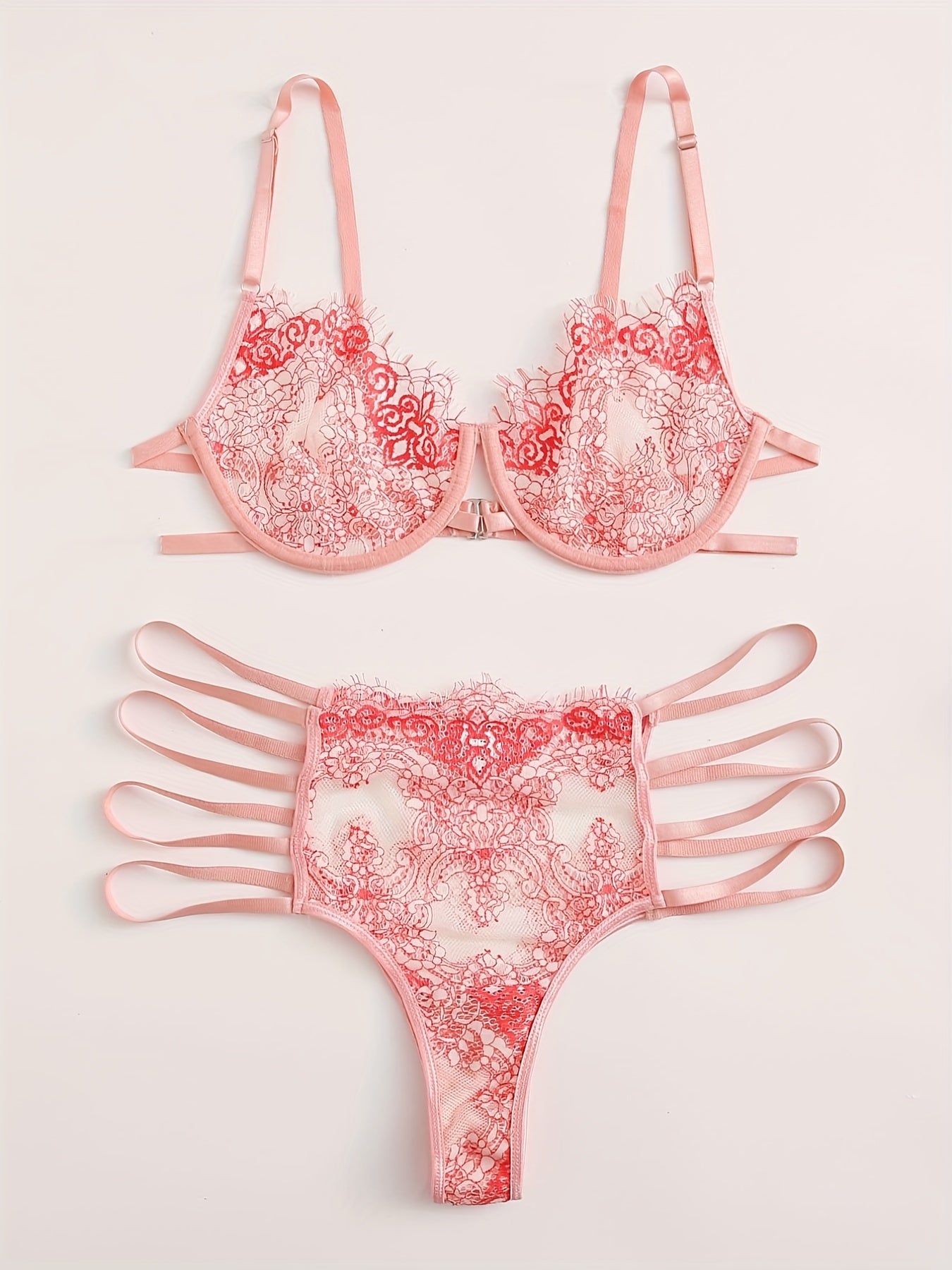  Floral Lace Cut Out Strappy Bra & Panty Lingerie Set