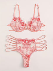  Floral Lace Cut Out Strappy Bra & Panty Lingerie Set