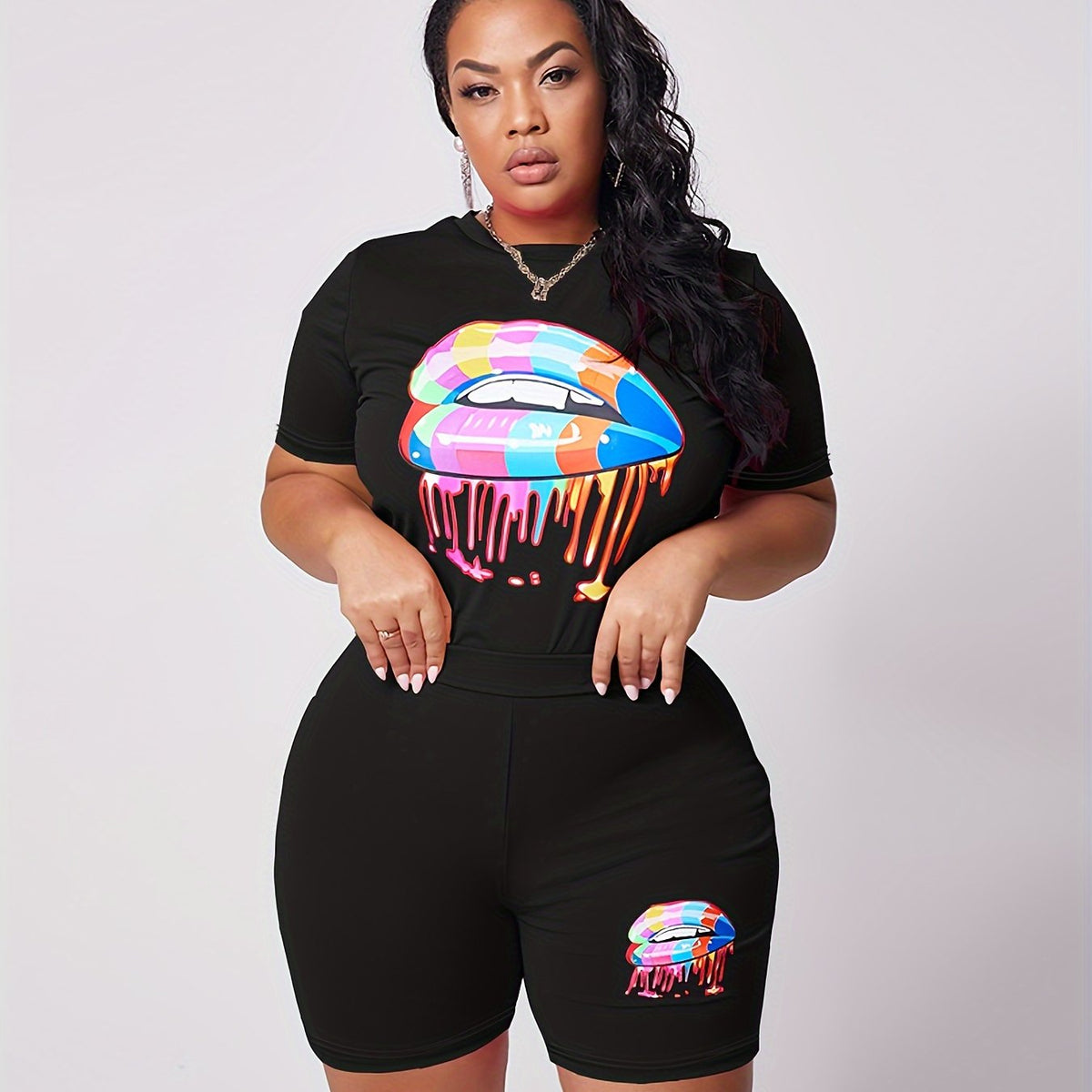  Lips Print Tee & Shorts Set Women's Activewear