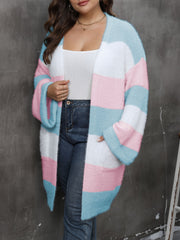  Colorblock Eyelash Long Sleeve Cardigan With Pockets