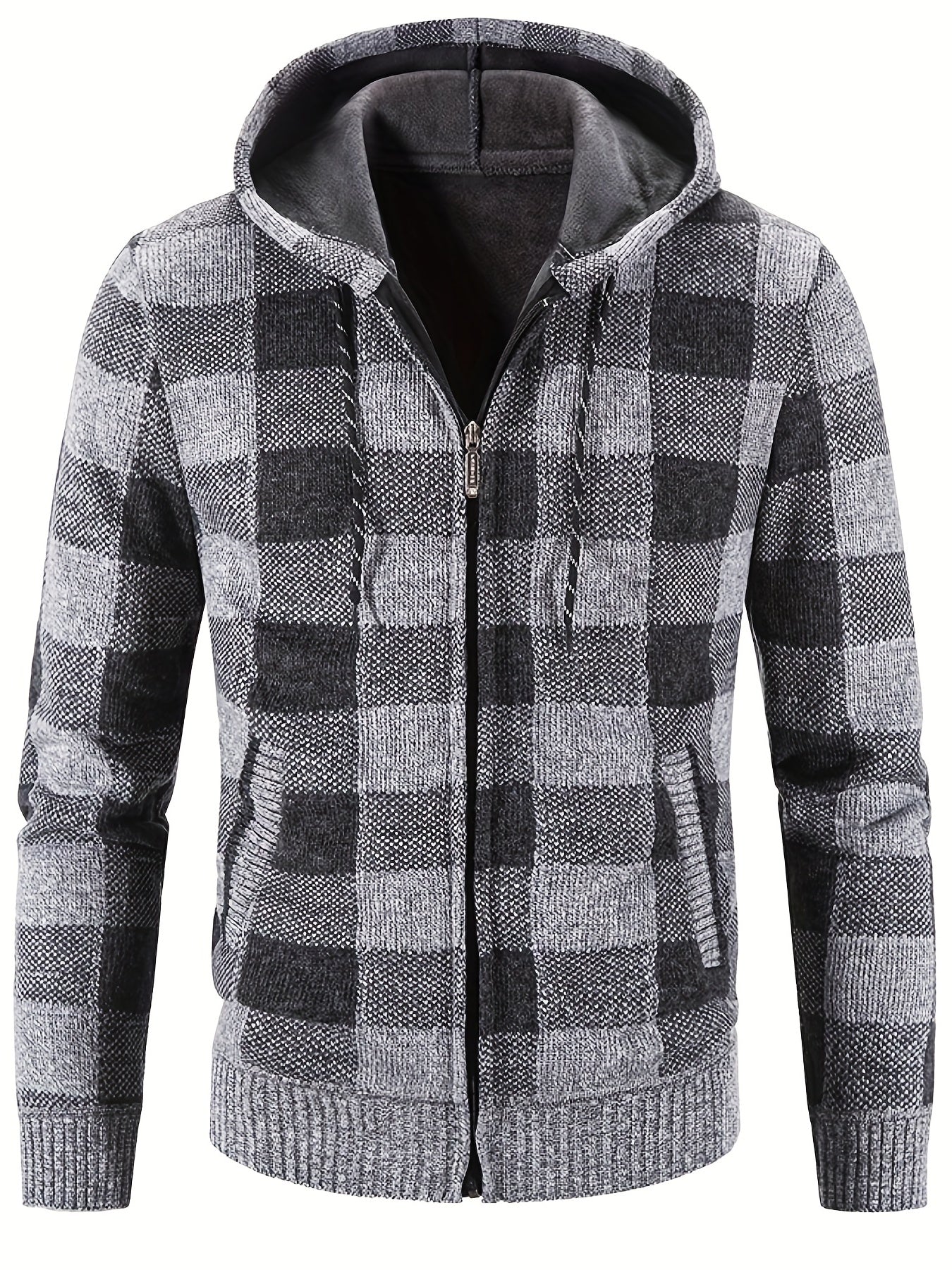 Men's Full Zip Up Casual Hooded Cardigan Plaid Sweater Jacket