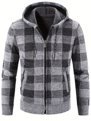 Men's Full Zip Up Casual Hooded Cardigan Plaid Sweater Jacket