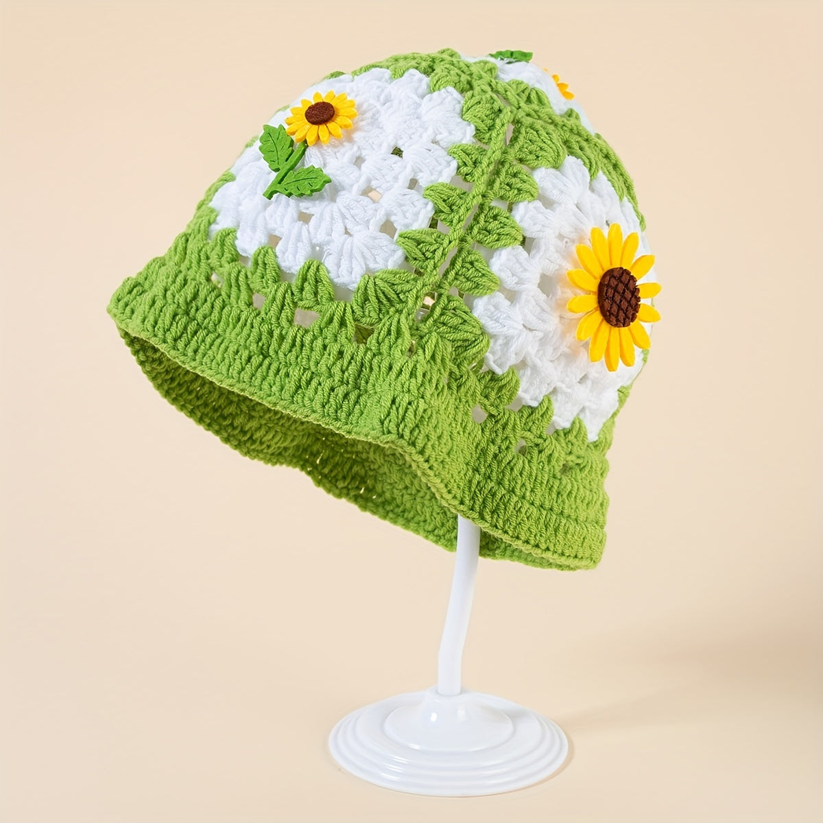 Sunflower Decor Block Beanie Crochet Bucket Hat Hollow Breathable Cloche