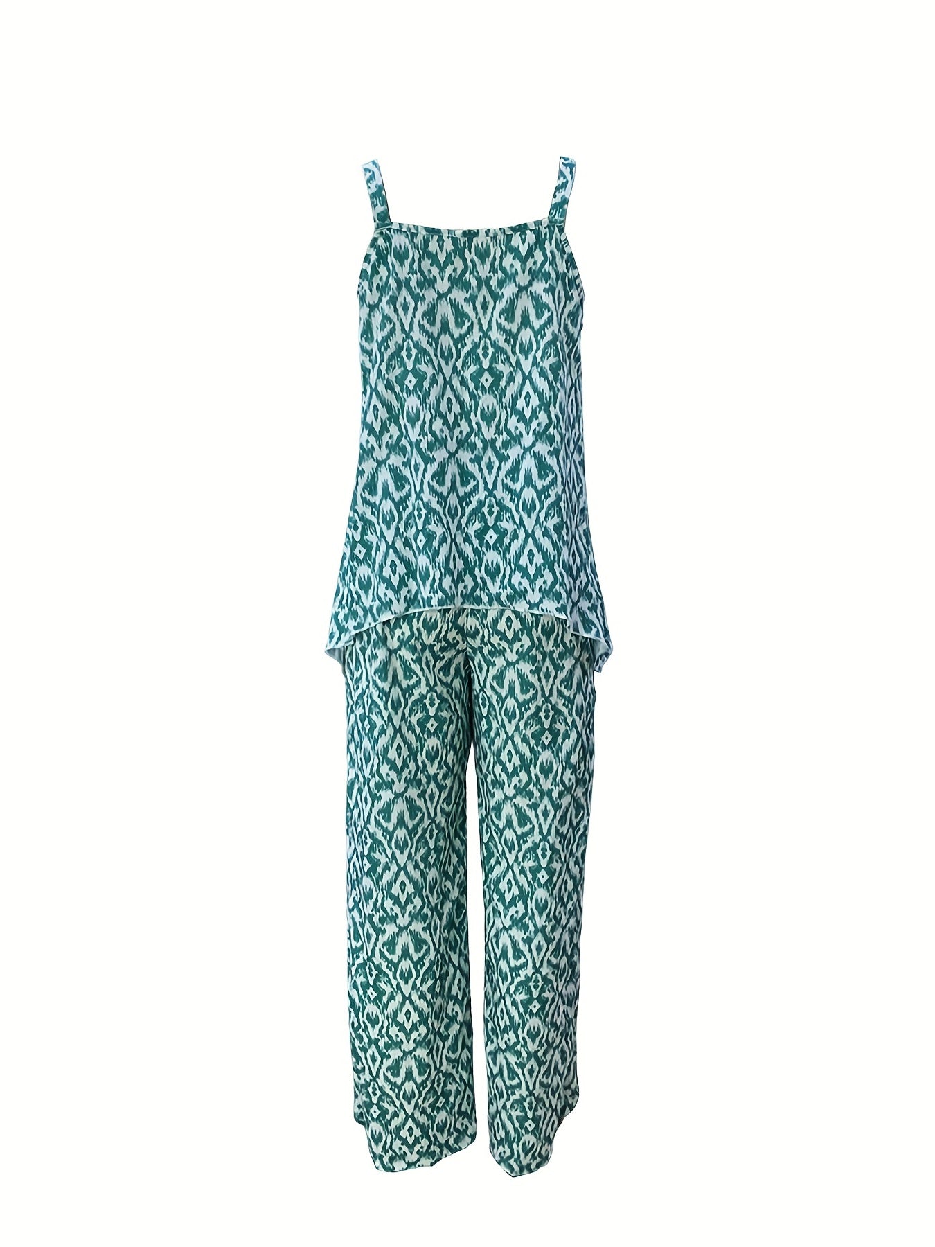 Ikat Print Boho 2pc Set Chain Linked Sleeveless Top & Wide Leg Pants