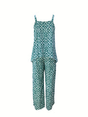 Ikat Print Boho 2pc Set Chain Linked Sleeveless Top & Wide Leg Pants