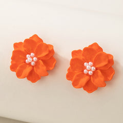 Orange Camellia Flower Stud Earrings For Women Girls 1Pair