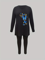 Women's Plus Butterfly Print Long Sleeve Top & Leggings Set