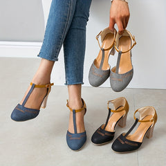 Women's Retro High Heels T-Strap Round Toe Block Heels Shoes