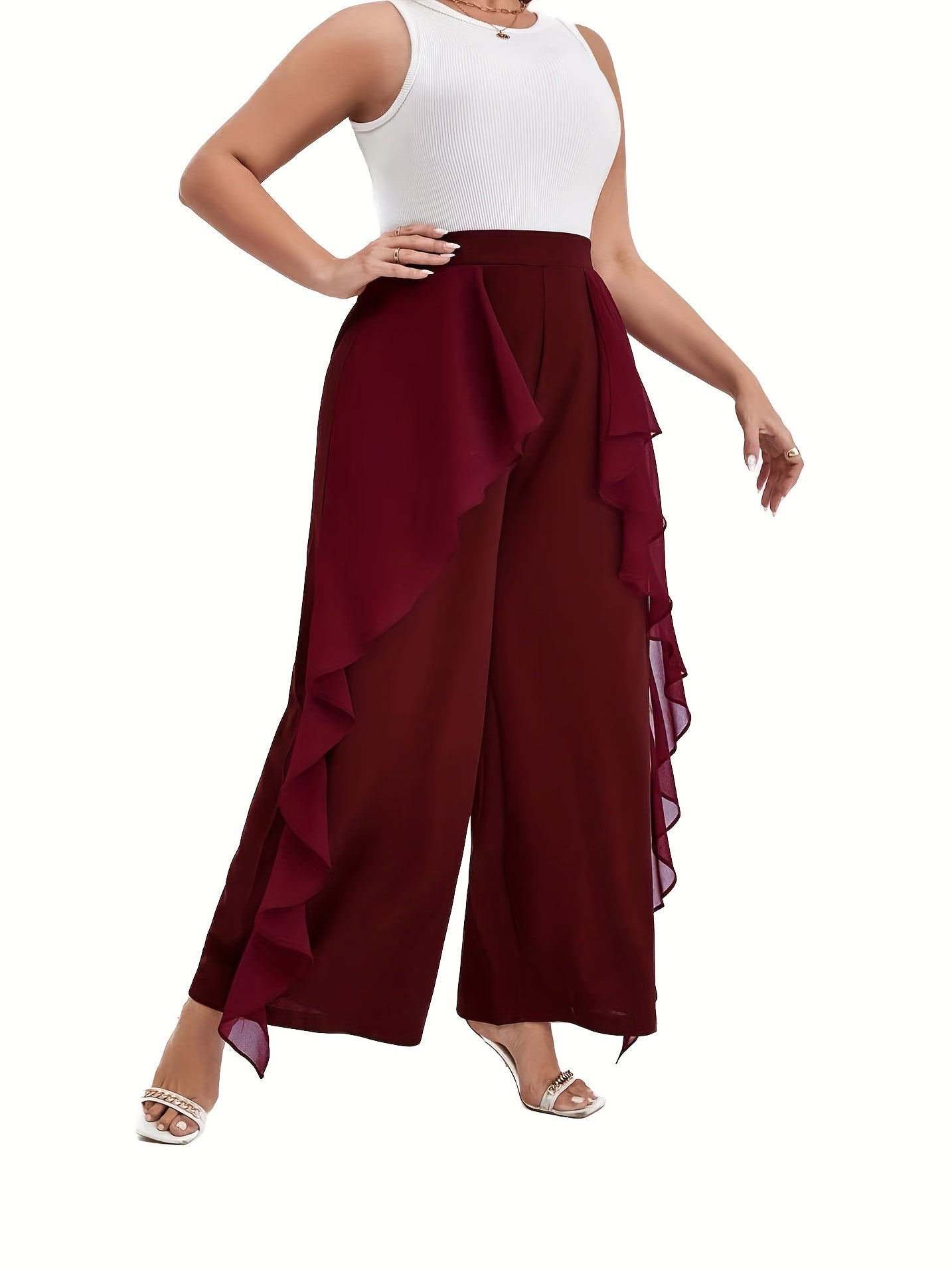  Solid Ruffle Trim High Rise Wide Leg Pants
