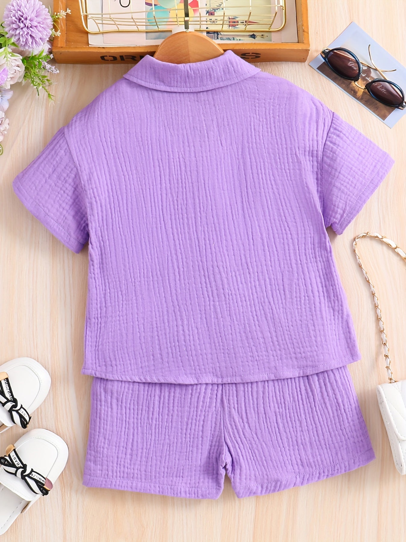 Kids Button Down Short Sleeve Jacket & Cropped Camisole & Shorts Girls Suit