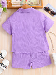 Kids Button Down Short Sleeve Jacket & Cropped Camisole & Shorts Girls Suit