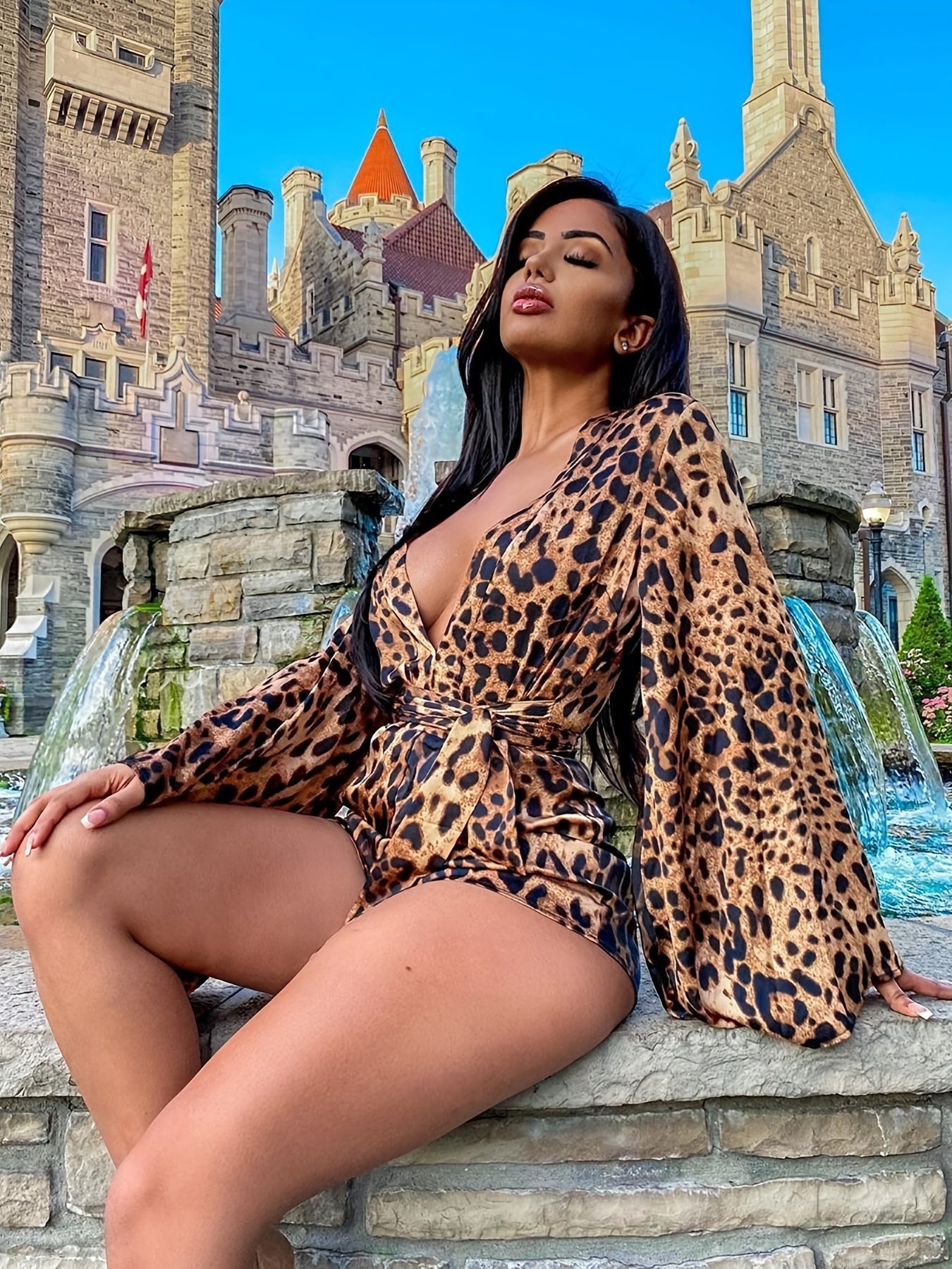 Leopard Print Flared Sleeve Jumpsuit V Neck Spring & Summer Women's Clothing