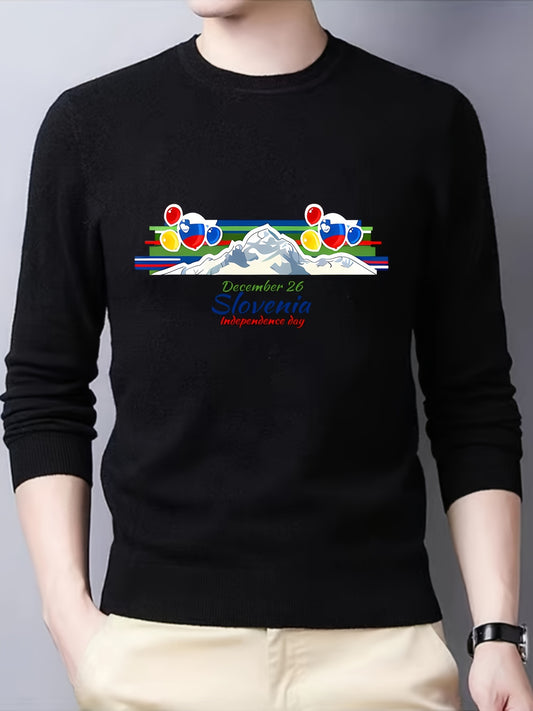 Mountain Print Men's Slim Fit Knitted Sweater Crew Neck Top