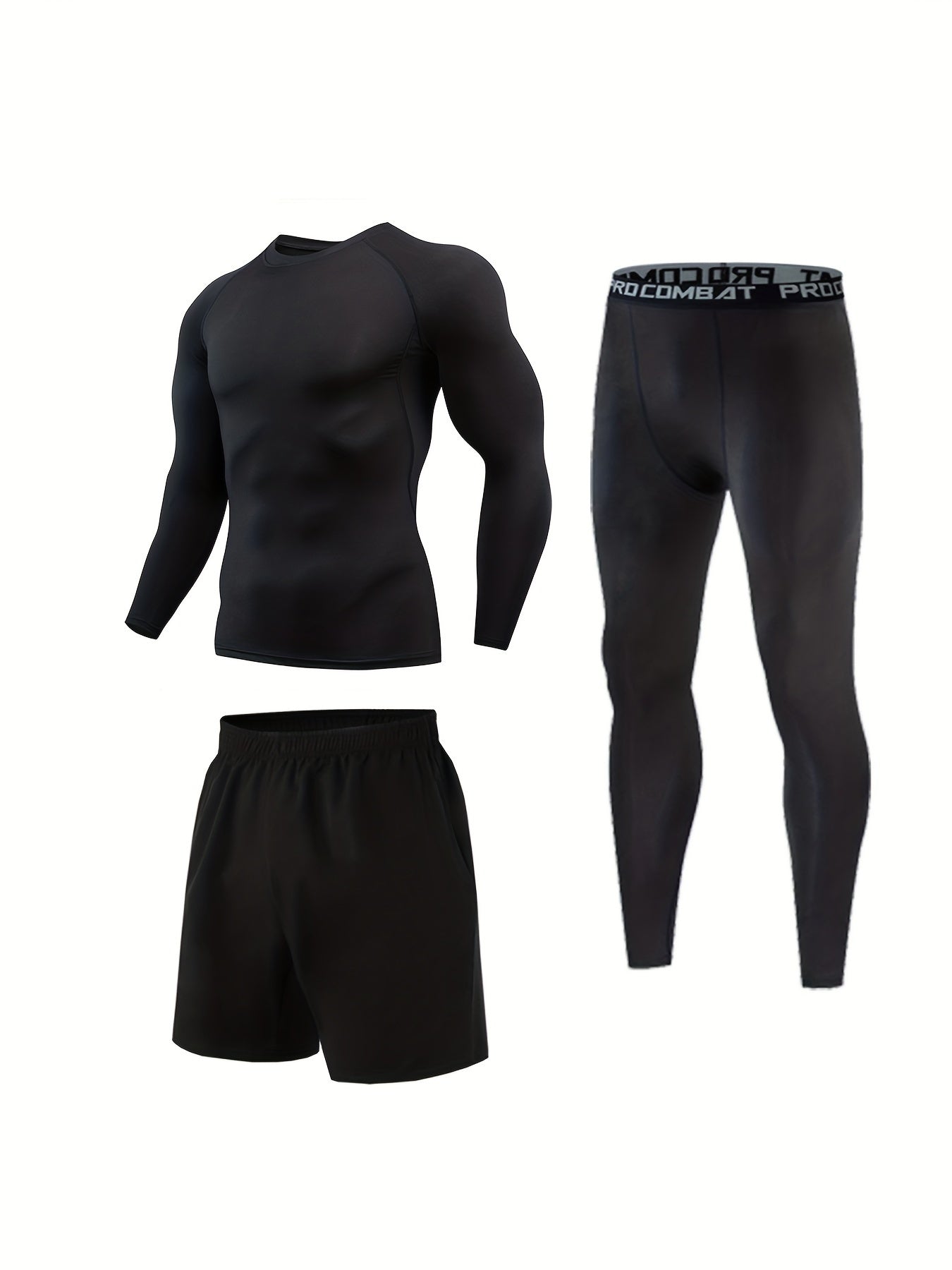 Men's Compression Crew Neck Shirt & Pants 3-Piece Set for Outdoor Fitness