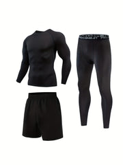 Men's Compression Crew Neck Shirt & Pants 3-Piece Set for Outdoor Fitness