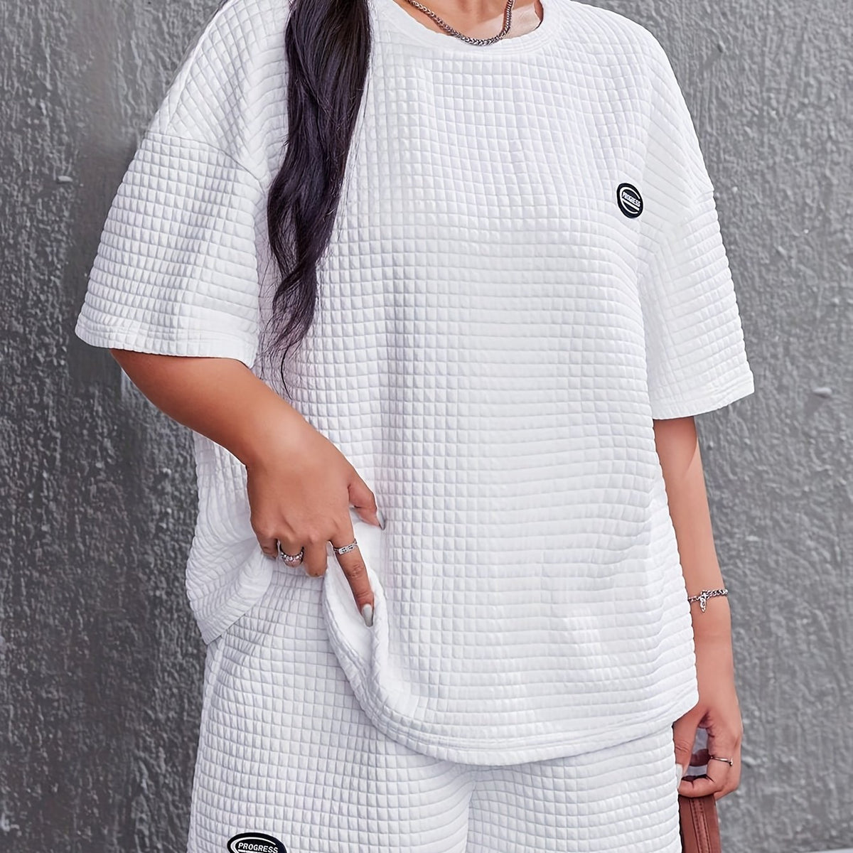  Letter Patched Waffle Knit Crew Neck Top & Shorts Pajamas Set