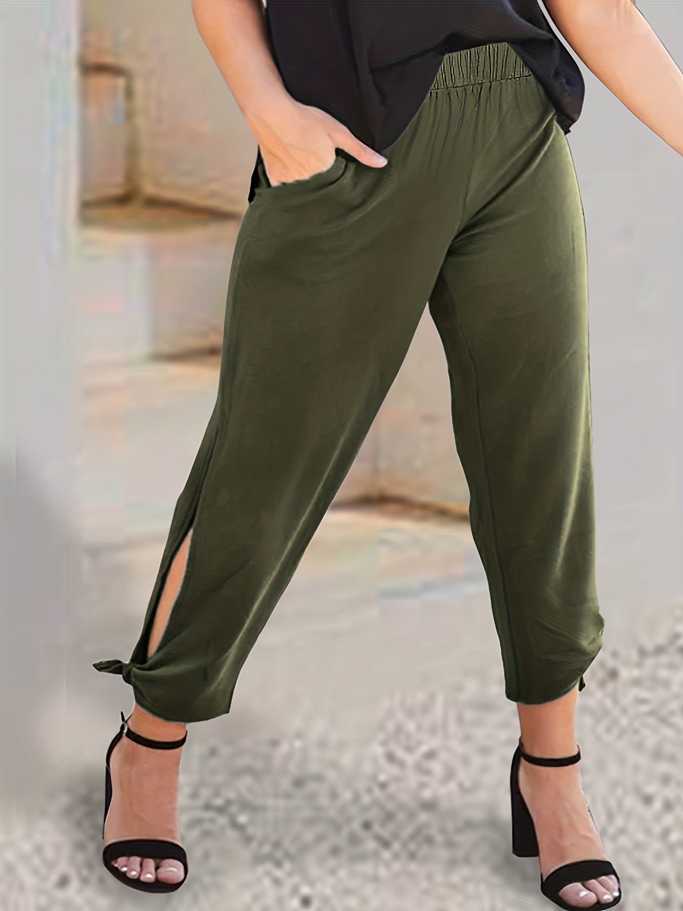  Cut Out Tie Side Tapered Leg Pants With Pockets