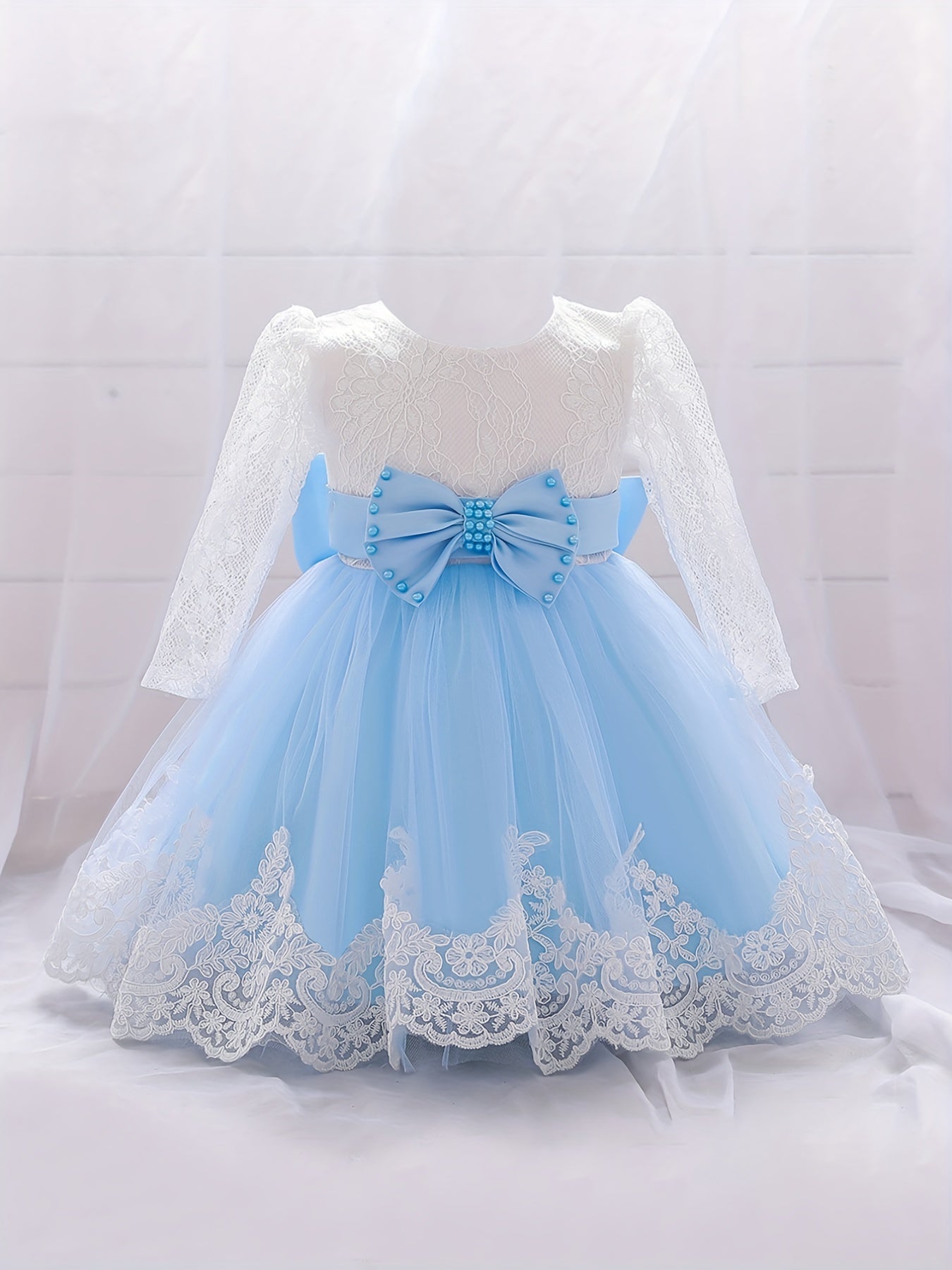 Girls Lace Long Sleeve Puffy Princess Dress With Bow