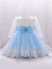 Girls Lace Long Sleeve Puffy Princess Dress With Bow