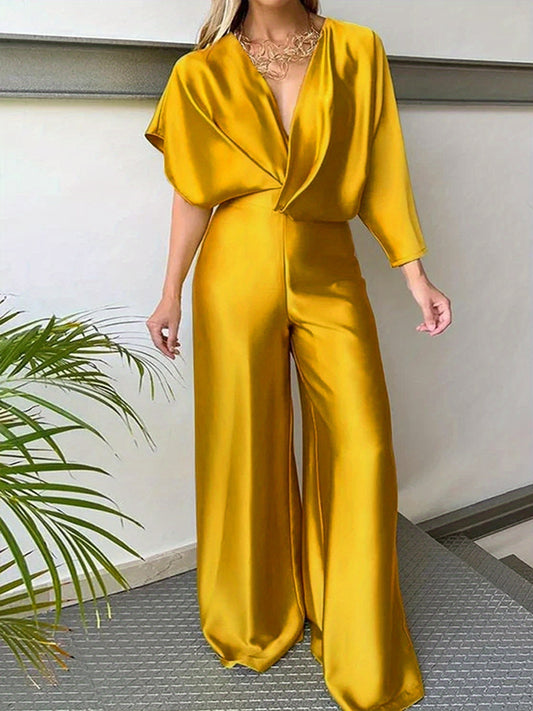  Sexy Jumpsuit Women's Plus Solid Satin Batwing Sleeve V Neck