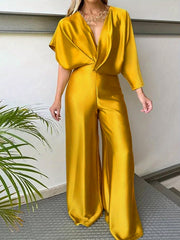  Sexy Jumpsuit Women's Plus Solid Satin Batwing Sleeve V Neck