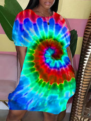  Tie Dye Short Sleeve Round Neck Dress
