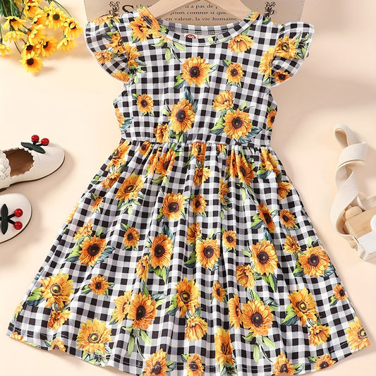 Girl's Plaid Sunflower Graphic Flying Sleeve Dress