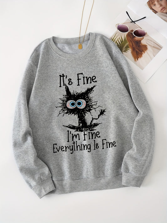 Cat And Letter Graphic Long Sleeve Casual Sweatshirts Women's Sporty Sweatshirts