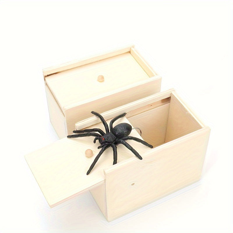 Spider Scare Rubber Spider Prank Box Wooden Spider