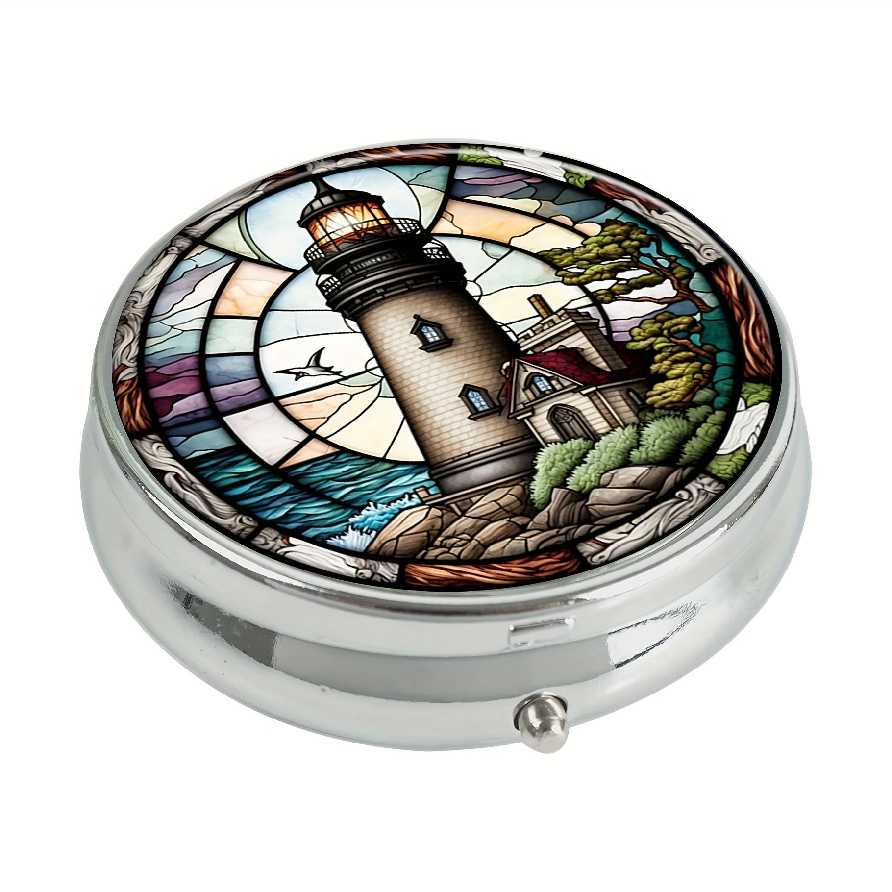 Lighthouse Round Pill Box 3 Compartment Mini Decorative Travel Pill Case