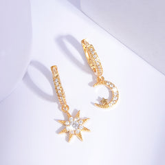 Sun & Moon Zircon Drop Hoop Earrings 18K Plated Ear Jewelry Gift