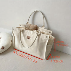 Large Capacity Bear Print Canvas Tote Bag Lightweight Shoulder Bag