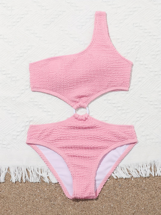 Girls One Piece Swimsuit with One Shoulder Round Ring