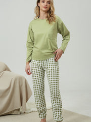 Plaid Print Long Pajamas Set Crew Neck Top & Comfortable Pant