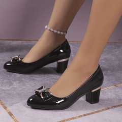 Women's Bowknot Chunky Heels Rhinestone Patent Leather Pumps