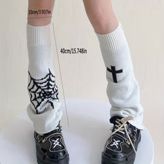 Gothic Spider Web Print Leg Warmers Asymmetrical Pattern Knee High Socks