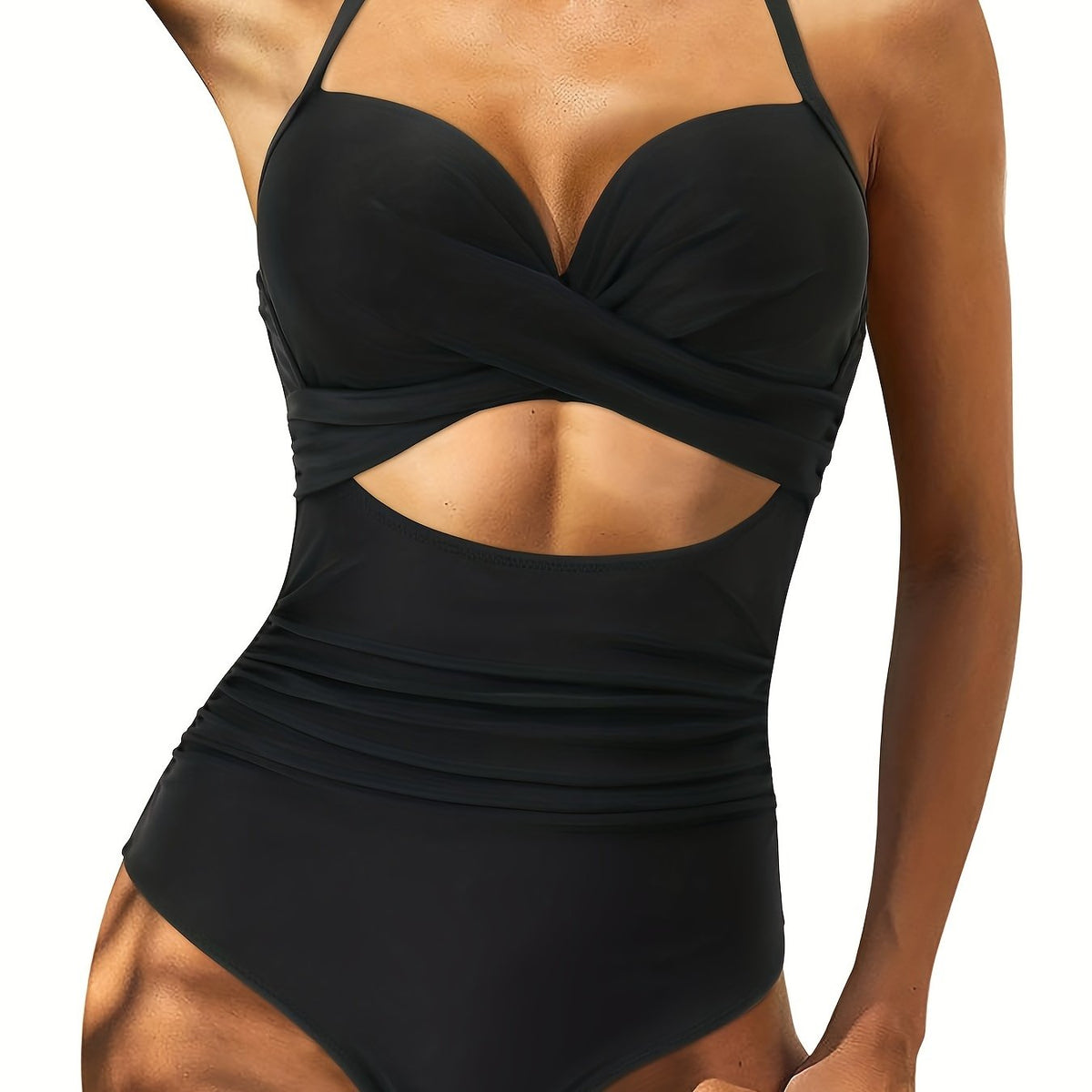 Ruched Halter Swimsuit V Neck Cross Back One Piece Bathing Suit