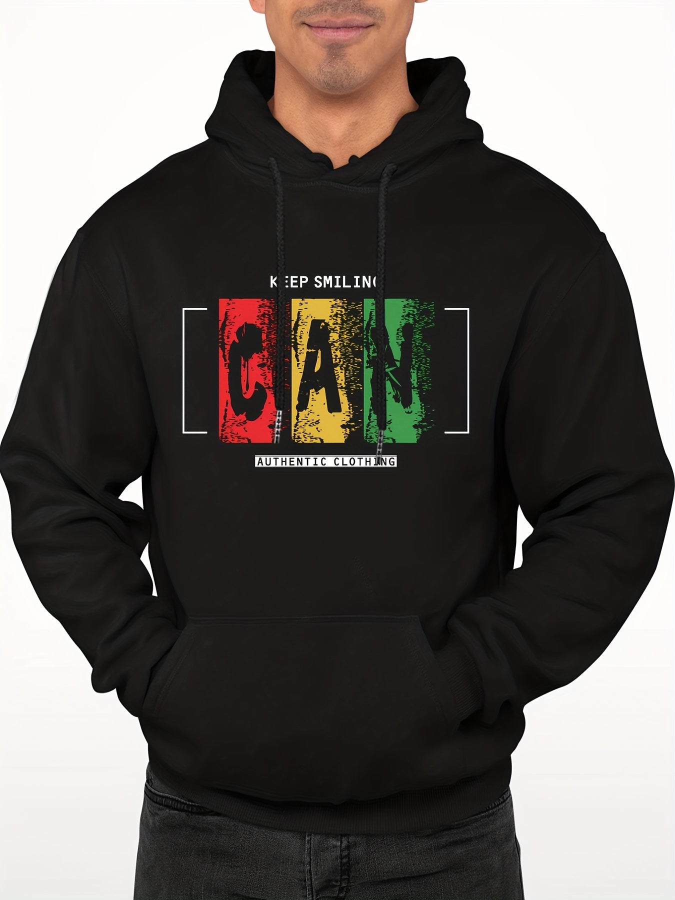 'Keep Smiling' Print Hoodie Men's Pullover Sweatshirt