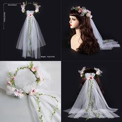 Romantic Pink Floral Bridal Veil with Crown