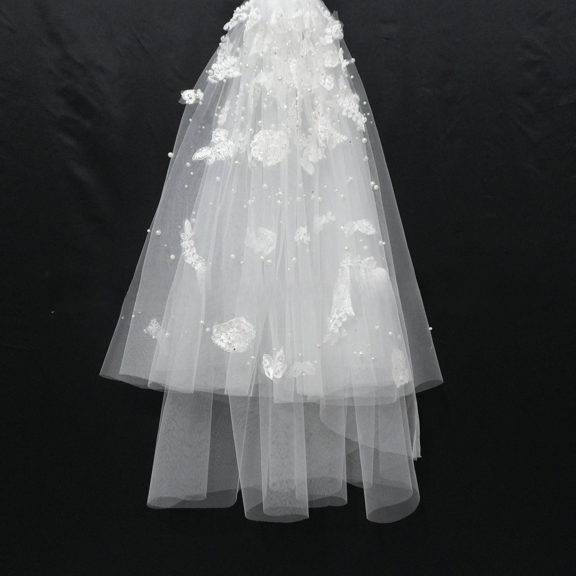 Forest Themed Short Lace Veil with Handcrafted Pearl Butterfly Trim