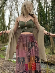 Hippie Patchwork Print Drawstring Skirt Boho Skirt Spring Summer Women's