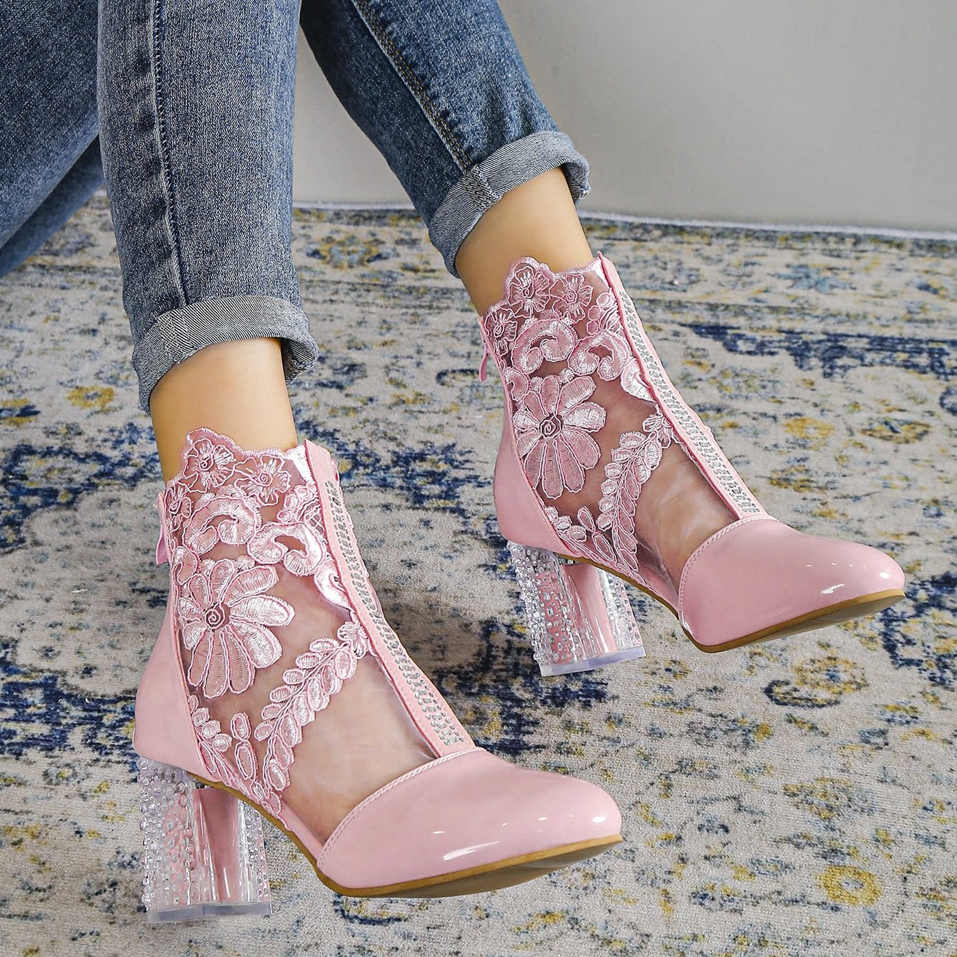 Pink Flower Lace Ankle Boots with Clear Heel