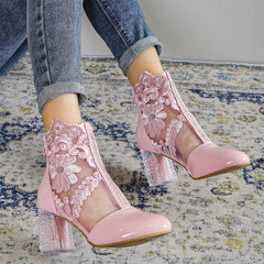 Pink Flower Lace Ankle Boots with Clear Heel