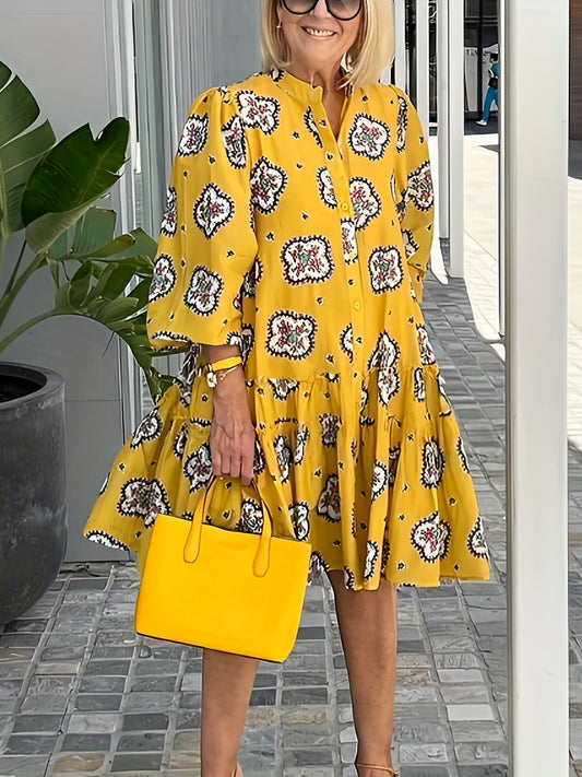  Tribal Print Puff Sleeve Smock Dress
