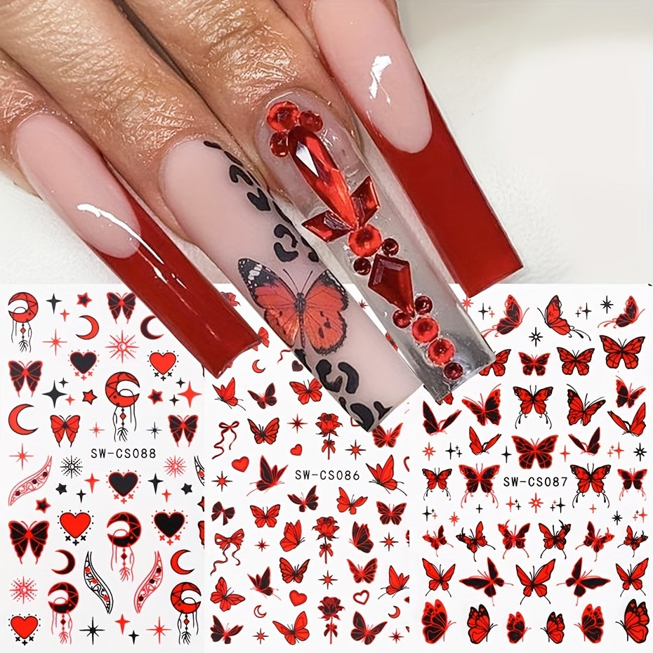 Metal Butterfly Nail Art Stickers with Red Rose Decals 3D and Silver Designs